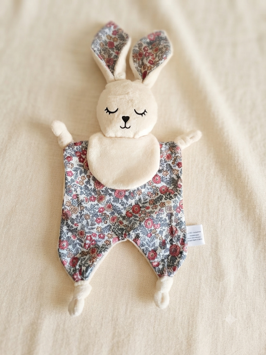 Doudou Bébé Artisanal – Tissu Liberty Fleurs Rose sur Fond Gris