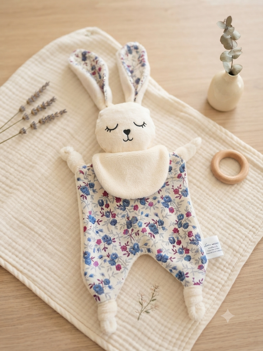 Doudou Bébé Artisanal – Tissu Liberty Fleuri Bleu