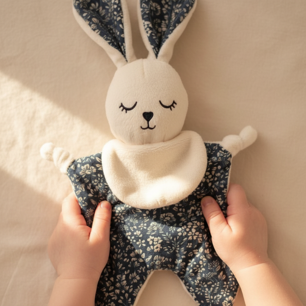 Doudou bleu fleuri tenu par bébé