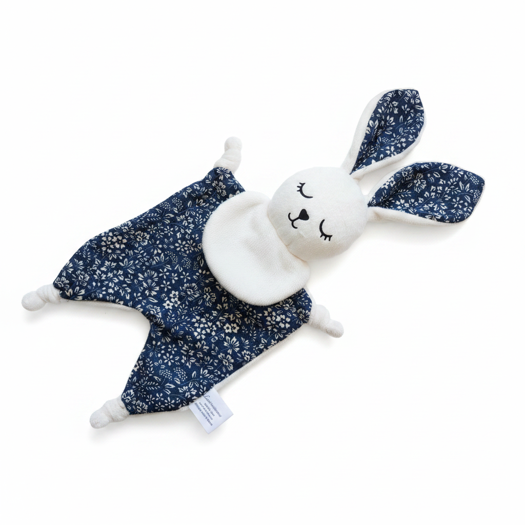 Doudou lapin bleu fond blanc