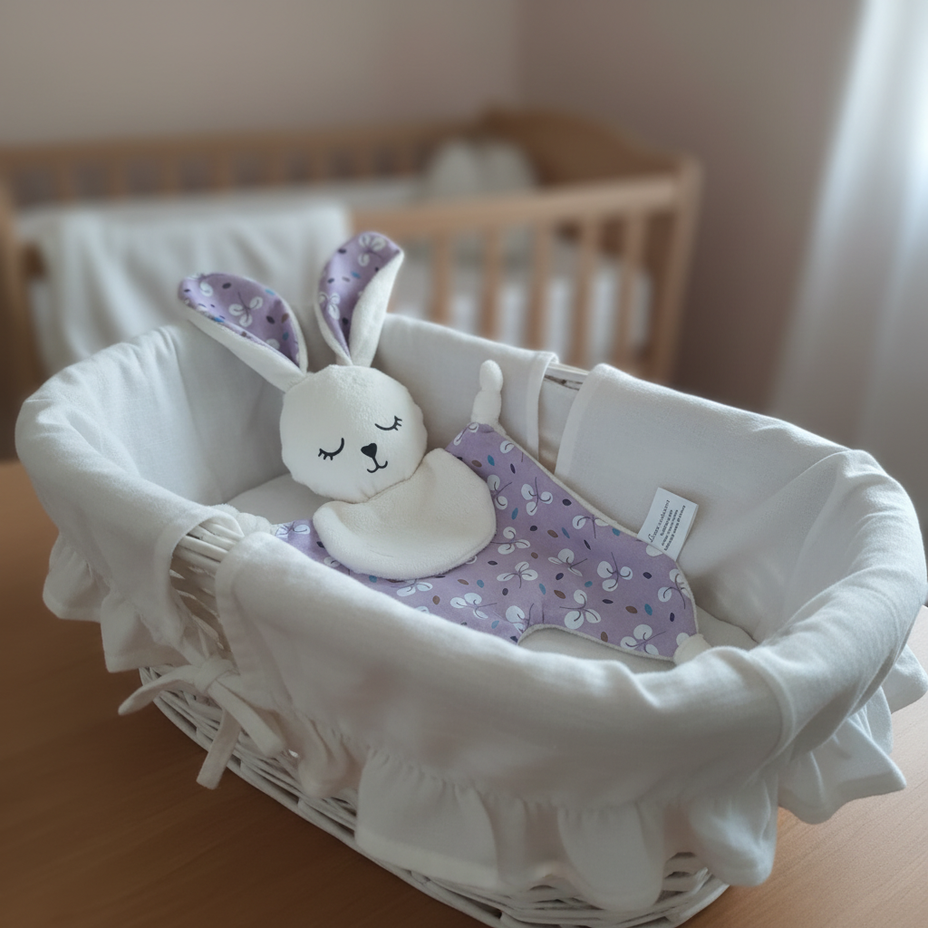 Doudou lapin dans panier bébé