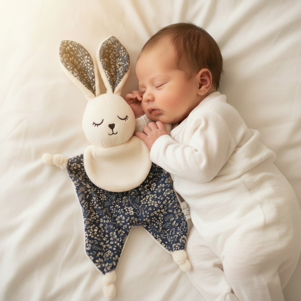Doudou Lumi – Tissu Fleuri Marine, mise en scène bébé