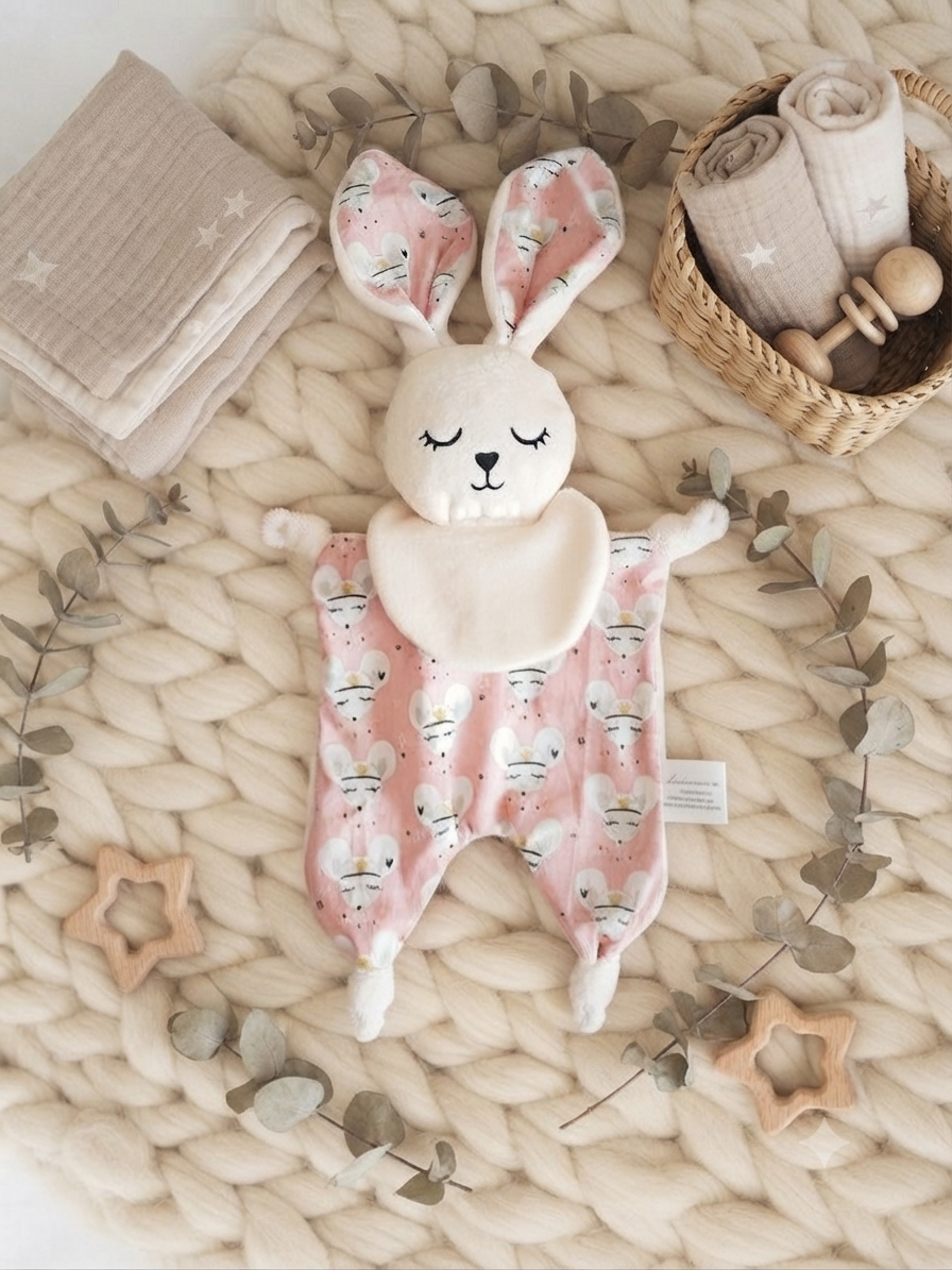 Doudou Bébé Artisanal – Tissu Rose Petites Souris