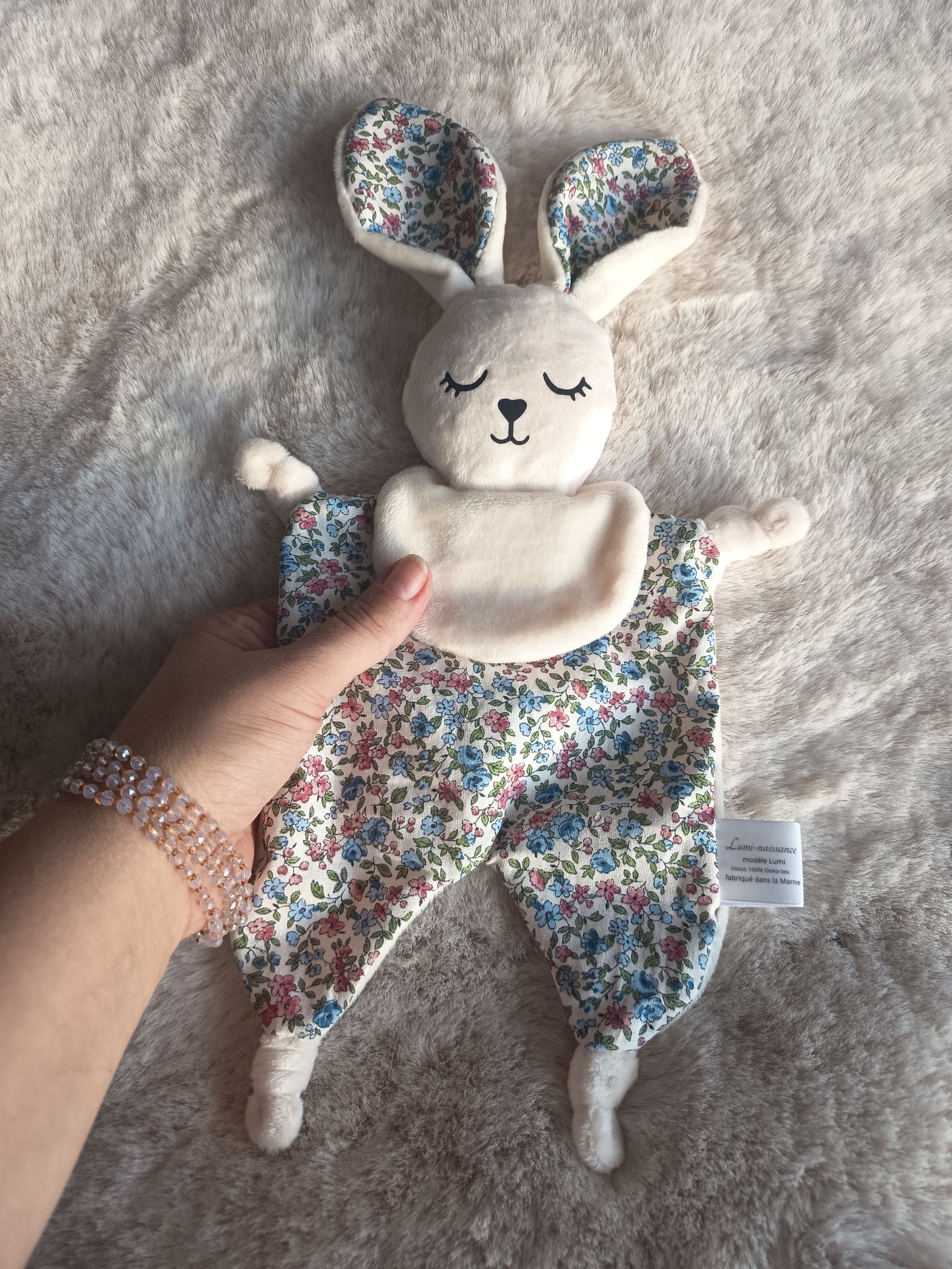 Doudou Lapin Lumi Liberty Bleu & Rose